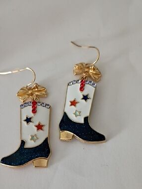 Patriotic Cowboy Boot Dangle Earrings - Blue & White